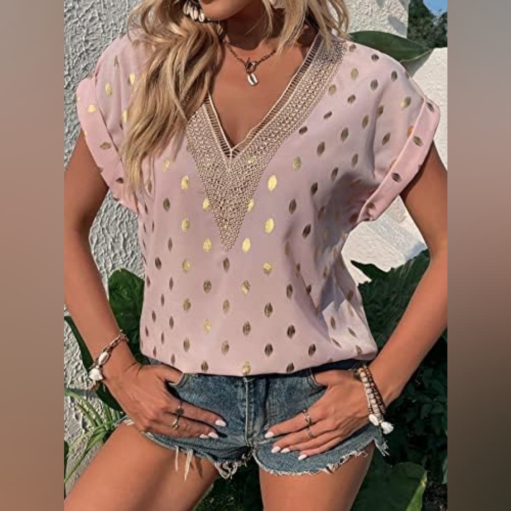 Guipure Lace, Gold Metallic Print, Soft Pink Blouse - Picture 3 of 13